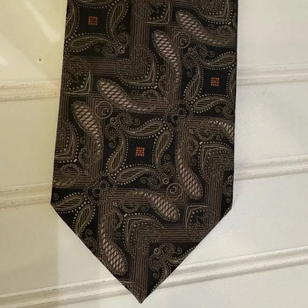 Fabio Fazio Woven Geometric Silk Tie Necktie Black & Gold Jacquard